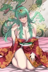 1girls alternate_costume bare_legs bare_shoulders blush breasts chinese_zodiac cleavage dragon eastern_dragon female female_only fire_emblem fire_emblem_awakening floral_print green_eyes green_hair hand_on_own_leg head_tilt highres japanese_clothes kimono large_breasts new_year nintendo off_shoulder pocari66 pointy_ears sagging_breasts seiza sitting solo thighs tiara tiki_(adult)_(fire_emblem) tiki_(fire_emblem) year_of_the_dragon