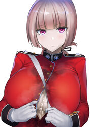 >:( after_paizuri bangs blunt_bangs blush breasts cum cum_on_body cum_on_breasts cum_on_upper_body eyebrows_visible_through_hair fate/grand_order fate_(series) female florence_nightingale_(fate) gloves large_breasts long_hair long_sleeves looking_at_viewer military military_uniform mu-nyako pink_eyes pink_hair solo uniform upper_body white_gloves