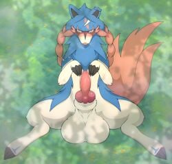 animal_genitalia animal_penis balls big_balls blue_body blue_fur blush canid canine canine_genitalia canine_penis claws erection feral fur generation_8_pokemon genitals hero_of_many_battles_zacian hi_res honky_kat huge_balls knot legendary_pokemon looking_at_viewer male mammal nintendo paws penis pokemon pokemon_(species) quadruped red_body red_fur red_tail sheath solo tail white_body white_fur yellow_eyes zacian zoophilia