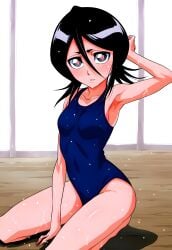 1girls ai_generated arm_up armpits black_eyes black_hair bleach duderu eyebrows female floor hair_between_eyes hand_up heart heart-shaped_pupils hi_res high_resolution highres indoor indoors kneeling kuchiki_rukia kuchiki_rukia looking_at_viewer medium_hair one-piece_swimsuit parted_lips petite school_swimsuit shadow shiny_skin skinny small_breasts solo solo_female solo_focus sweat sweatdrop sweating swimsuit symbol-shaped_pupils teeth thighs wet wet_body wet_clothes wet_clothing wet_skin window wooden_floor