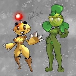 2girls anthro blover_(pvz) cleavage cute danigrex2n dgrex2n flora_fauna glasses hourglass_figure large_breasts lingerie plant plant_girl plant_humanoid plantie plants_vs_zombies popcap_games potato potato_mine_(pvz) pubic_hair pussy pvz thick_thighs thighs vagina wholesome