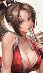 1girls brown_eyes brown_hair cheeks female hair_ornament japanese japanese_clothes king_of_fighters long_hair looking_at_viewer mai_shiranui miche michemashu petals red_clothing