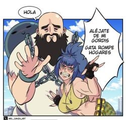 1girls angry artist_request beard bent_over big_breasts blue_hair chang_koehan clenched_teeth comedy fat_man giant gloves king_of_fighters leona_heidern meme military_uniform tank_top text yellow_eyes yellow_tank_top