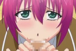 :>= animated animated blush censored face fellatio female green_eyes looking_at_viewer mosaic_censoring my_imouto_~koakuma_na_a-cup~ oral penis pink_hair saliva short_hair solo_focus utsumi_miyu