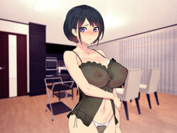 babydoll black_hair blinds blush breasts ceiling chair collarbone door erect_nipples female floor highres holding_arm large_breasts looking_at_viewer munashi_mujou navel nipples panties purple_eyes pussy see-through short_hair side-tie_panties solo table underwear violet_eyes