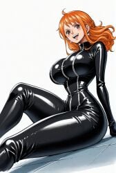 ai_generated alluring big_breasts blush bodysuit breasts brown_eyes female female_only latex latex_bodysuit latex_clothing latex_suit looking_at_viewer nami nami_(one_piece) one_piece orange_hair seducing seduction seductive seductive_body seductive_eyes seductive_gaze seductive_look seductive_mouth seductive_pose seductive_smile shiny_hair shiny_skin shiny_suit skin_tight voluptuous voluptuous_female yashin zipper zipper_pull_tab