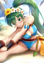 alternate_costume bad_id bad_pixiv_id bad_twitter_id beach bikini blue_bikini blue_swimsuit blush breasts cleavage commentary day earrings female female_only fire_emblem fire_emblem:_the_blazing_blade fire_emblem_heroes flower gonzarez green_eyes green_hair high_ponytail highres jewelry large_breasts long_hair looking_at_viewer lyn_(fire_emblem) lyn_(summer)_(fire_emblem) navel nintendo official_alternate_costume ponytail smile solo spread_legs stretching swimsuit