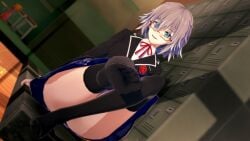 3d 3d_(artwork) ass blue_eyes breasts date_a_live feet feet_up glasses honjou_nia koikatsu light-skinned_female panties school_uniform schoolgirl short_hair socks thighs white_hair