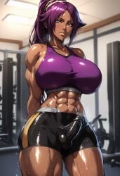 abs ai_generated anus ass balls big_breasts big_hips big_penis bleach futa_only futanari gym huge_breasts kikia1 muscle muscles muscular_female penis penis_bulge ponytail purple_hair shihouin_yoruichi shorts