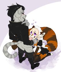 anthro ass clothing cum cum_on_face enjoipandas feline fellatio fur girly grey_fur heart kneeling maid_uniform male mammal oral pants_down penis purple_eyes red_eyes red_panda simple_background uniform white_fur yaoi