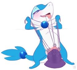 1girls 2016 alternate_color anthro azura_(fyoshi) blue_eyes blue_skin blush bondage bound clitoris clitoris_piercing dildo dildo_sitting dragonair female female_only fyoshi genital_piercing half-closed_eyes hi_res huge_dildo hybrid labia_piercing masochism melvismd nintendo open_mouth original_character penetration piercing pokemon pokemon_(species) pussy pussy_juice pussy_piercing sex_toy simple_background smile snivy solo spread_pussy spreading stomach_bulge thread tongue tongue_out vaginal_penetration vaginal_stretching video_games white_background