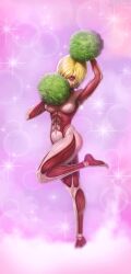 anime armpit attack_on_titan blonde_hair blue_eyes blush blush blushing_at_viewer cheerleader fanart female_titan hair_over_one_eye jojobanks looking_at_viewer monster_girl short_hair shy solo solo_female