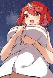 big_breasts blush breasts cleavage female female_only headwear mika_n95 necklace nintendo pyra red_eyes red_hair smile solo towel towel_only xenoblade_(series) xenoblade_chronicles_2