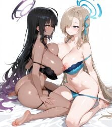 2girls ass asuna_(blue_archive) bed black_bra black_hair black_panties black_skin blue_archive blue_bra blue_panties bra_down breast_on_breasts eyebrows_visible_through_hair halo karin_(blue_archive) lesbian looking_at_partner nipples panties_down romantic sitting taking_off_panties white_background