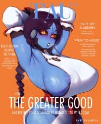 1girls areola_slip areolae_slip armpits arms_up big_breasts black_lips blue_areola blue_body blue_nipples blue_skin brown_sclera dark_sclera detached_sleeves female female_only gigantic_breasts gloves hip_vent huge_breasts magazine_cover mature_female milf mole mole_on_breast mole_under_mouth multiple_moles nipple_slip no_bra no_panties orange_background orange_eyes presenting_armpit propaganda purple_hair red_gloves revealing_clothes sagging_breasts sash solo solo_female sweat sweating tau tonka_kryga variant_set voluptuous warhammer_(franchise) warhammer_40k yellow_eyes