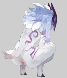 2016 2_toes anthro anus ass blue_eyes caprine crouching female fur furry highres kemono kindred lamb_(league_of_legends) league_of_legends liteu long_ears mammal markings mask riot_games simple_background solo toes white_fur white_hair