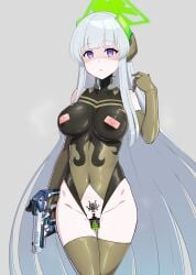 absurdres alternate_costume bar_censor bare_shoulders blue_archive breasts brown_gloves brown_thighhighs censored corruption crotch_cutout dark_persona dildo disdain elbow_gloves female gloves gozaru green_halo gun halo headgear highres holding holding_gun holding_weapon large_breasts leotard long_hair looking_at_viewer mind_control nipple_cutout nipples noa_(blue_archive) object_insertion parted_lips pubic_tattoo purple_eyes revealing_clothes sex_toy shaded_face skin_tight tattoo thighhighs vaginal_object_insertion vaginal_penetration very_long_hair vibrator weapon white_hair