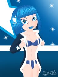 1girls bikini blue_background blue_bikini blue_coat blue_eyes blue_hair blue_lips coat disney disney_channel el_incognito_(artist) short_hair star_darlings vega_(star_darlings)