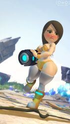 1girls arm_cannon big_ass big_breasts big_butt bikini blush boots breasts brown_eyes brown_hair busty cleavage dutch_angle female female_only full_body huge_breasts mii mii_gunner mii_gunner_(smash_ultimate) mob_face nintendo owo_sfm skimpy_clothes solo string_bikini super_smash_bros. super_smash_bros._ultimate swimsuit thick_thighs thighhighs thighs