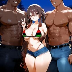 1boy 2boys ai_generated ass ass_focus back bare_shoulders big_ass big_breasts big_butt bikini breast_grab brown_hair dark-skinned_male dark_skin denim_shorts erection evening from_behind genshin_impact grabbing group hu_tao_(genshin_impact) huge_ass huge_breasts huge_butt imminent_sex jean_shorts jeans large_ass large_breasts large_butt long_hair looking_back medium_breasts multiple_boys muscular_male night outdoors pan-african_flag_bikini plump plump_ass red_eyes standing thick thick_ass thick_legs thick_thighs walking wide_hips wide_thighs