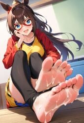 ai_generated animal_ears blue_eyes brown_hair cum_in_feet cum_on_feet cum_on_soles el_condor_pasa_(umamusume) feet feet_focus female foot_fetish horse_ears horse_girl horse_tail soles toes umamusume