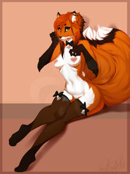 anthro areola breasts canine clothing collar ear_piercing female fox half-closed_eyes heart_nipples hi_res kibeth legwear looking_at_viewer mammal navel nipple_piercing nipples piercing pussy sitting smile solo stockings thigh_highs vexstacy wide_hips