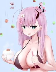 1girls bangs big_breasts bikini bikini_top blue_background blush blush branch breasts chopsticks cleavage female female_only flower flower_in_hair green_eyes holding_bowl holding_chopsticks holding_object huge_breasts large_breasts long_hair metae original original_character pink_hair rice simple_background solo sweatdrop upper_body