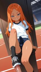 1boy ai_generated blue_eyes bulge dark_skin dominant erection femboy foot_fetish foot_focus foot_play foot_worship footwear from_below large_penis male orange_hair original original_character original_characters otoko_no_ko penis penis_bulge smile smirk stomp stomping trap