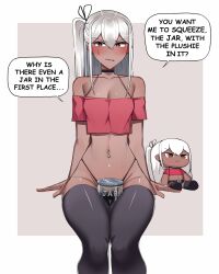 1girls ass big_ass big_thighs blush breasts butt dark-skinned_female dark_skin dialogue embarrassed gigantic_thighs huge_ass huge_thighs legwear long_hair medium_breasts original original_character sole_female sweat sweatdrop sweating tagme text thick_thighs thighs ti_keep timara_(ti_keep) white_hair