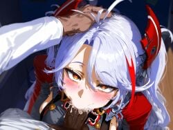 1boy 1girls ai_generated azur_lane dark-skinned_male fellatio female female_focus light-skinned_female looking_pleasured loving_it prinz_eugen_(azur_lane) twintails white_hair yellow_eyes