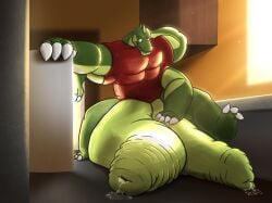 anthro appliance big_penis bodily_fluids bottomless bottomless_male clothed clothing countertop crocodile crocodilian flaccid foreskin fridge genital_fluids genitals hi_res huge_cock hyper hyper_foreskin hyper_genitalia hyper_penis kitchen_appliance leaking_precum male max_(maxmulticroc) maxmulticroc multi_arm multi_genitalia multi_limb multi_pecs multi_penis muscular muscular_male pecs penis precum reptile scalie shirt solo t-shirt topwear