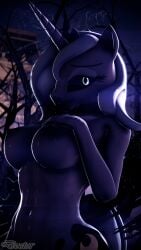 2018 3d 9:16 anthro anthrofied big_breasts black_sclera breasts cosmic_horror creepypasta digital_media_(artwork) doctor-sfm equid equine female friendship_is_magic grimdark hasbro hi_res horn horse looking_at_viewer lovecraftian_(genre) mammal monster my_little_pony mythological_creature mythological_equine mythology night nipples nude plant pony princess_luna_(mlp) solo source_filmmaker_(artwork) tree unicorn zalgo_(creepypasta)