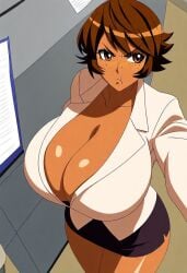 1girls ai_generated angry big_breasts brown_eyes brown_hair civitai cleavage female female_only freckles high-angle_view huge_breasts jyubei_(style) legs_together looking_at_viewer miniskirt office office_lady pout selfie short_hair solo suit_jacket tan-skinned_female tan_body thick_thighs tomboy voluptuous wide_hips