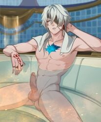 1boy anaxa_(honkai:_star_rail) bath bathing color eyepatch hand_tattoo honkai:_star_rail hot_spring jewelry male male_only muscular muscular_male naked naked_male nude nude_male nudity penis ring toned_male towel towel_around_neck ulricharcher water