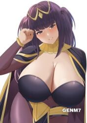 bangs black_hair blush breasts brown_eyes cleavage fire_emblem fire_emblem_awakening genm7 large_breasts light-skinned_female light_skin long_hair looking_at_viewer massive_breasts nintendo see-through see-through_clothing tharja_(fire_emblem) thighs tiara white_background