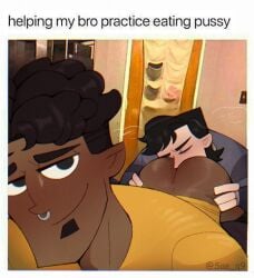 anilingus ass ass_grab closed_eyes clothed clothing dark-skinned_male disventure_camp eating_ass gay hunter_(disventure_camp) hunter_page james_(disventure_camp) james_costa male male_focus male_only meme rimjob rimming rimming_male sae_q9 shirt yaoi