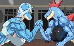 alcatras45 anthro big_breasts big_muscles big_nipples blue_skin clothed competition female female_focus female_human female_only feraligatr furry lapras muscular_arms muscular_female pokemon pokemon_(species) shake