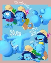2girls anal anal_fingering anus ass ass_sniffing ass_up blue_skin dialogue female female_only rimming scrabble007 smurf smurfbegonia smurfstorm sniffing_ass text the_smurfs yuri