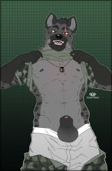 abs anthro army army_outfit army_uniform balls bare_chest biceps bottomwear bottomwear_around_legs bottomwear_down boxers_(clothing) camo camo_bottomwear camo_clothing camo_pants camo_print camo_shirt camo_topwear clothed clothing clothing_around_legs clothing_lift clothing_pull cocky cocky_smile dog_tags dominant dominant_anthro dominant_male exposed_chest eye_scar facial_scar fangs flirting flirting_look flirting_with_viewer fur genitals green_background green_bottomwear green_clothing green_pants green_shirt green_topwear grey_body grey_boxers grey_clothing grey_fur grey_underwear hi_res hyena imminent_oral imminent_sex johnfreak looking_at_viewer male mammal manly markings military military_clothing military_pants military_uniform muscular muscular_anthro muscular_male offering_oral offering_sex pants pants_around_legs pants_down partially_clothed pattern_bottomwear pattern_clothing pattern_pants pattern_shirt pattern_topwear pecs penis penis_poking_out presenting raised_clothing raised_shirt raised_topwear red_eyes scar seducing_viewer seductive shirt shirt_lift showing_off_muscles simple_background soldier soldier_uniform solo spots spotted_body spotted_fur spotted_hyena teeth topwear underwear underwear_down underwear_pull uniform warrior