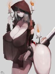 1girls areolae breasts candle cleavage female grey_hair hood huge_breasts humanoid identity_v menyang my700 nipples pussy red_eyes standing violetta_(identity_v)