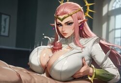 1boy ai_generated alternate_version_at_source big_breasts blue_eyes breasts cloak_and_dagger cum cumming dagger_(marvel_rivals) female hypet long_hair marvel_rivals paizuri pink_hair pointy_ears sex shiny suit tagme tandy_bowen thick video_game_character white_suit