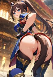 ai_generated animal_ears ass ass ass_focus blue_eyes brown_hair butt_focus cum cum_on_ass cum_on_butt el_condor_pasa_(umamusume) female horse_ears horse_girl horse_tail sweatdrop umamusume