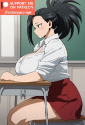 ai_generated black_eyes black_hair boku_no_hero_academia breasts_bigger_than_head breasts_on_table classroom cleavage fantasyprompt female female female_only gigantic_breasts huge_breasts long_hair momo_yaoyorozu my_hero_academia narrow_waist red_skirt revealing_clothes short_skirt side_view tight_clothing white_shirt wide_hips