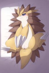 animal_genitalia anthro ass bed bondage bound eyewear female glasses kajinchu lying nintendo on_back on_bed pokemon pokemon_(species) pussy sandslash slit spread_legs spreading sweat video_games