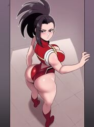 1girls ai_generated ass big_ass big_breasts black_hair boku_no_hero_academia cleavage female huge_breasts large_breasts leotard momo_yaoyorozu mullon my_hero_academia novelai ponytail solo superheroine