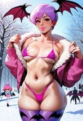 ai_generated bat_wings bikini civitai crop_top darkstalkers head_wings hoodie jacket lilith_aensland navel navel_piercing panviewai panviewai pink_bikini pink_jacket pink_lips pink_lipstick pink_thong pinup purple_hair red_eyes short_hair succubus thighs thong wings