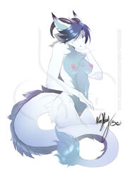 2015 anthro blue_hair breasts cute distracting_watermark dragon ear_piercing female fur furred_dragon green_eyes hair hi_res looking_at_viewer nude piercing pussy sachiko_sunchild smile solo vexstacy watermark white_fur