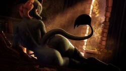 16:9 3d_(artwork) 4k absurd_res anthro ass back_boob big_butt breasts clothing detailed_background digital_media_(artwork) doctor-sfm dragon female friendship_is_magic hasbro hi_res legwear looking_back lying my_little_pony mythological_creature mythological_scalie mythology on_side princess_ember_(mlp) rear_view scalie solo tail thigh_highs widescreen