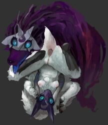 2016 anthro anus ass blue_eyes breasts canine caprine digitigrade duo female fur furry grey_background highres hooves kindred lamb_(league_of_legends) league_of_legends liteu long_ears long_hair looking_at_viewer mammal mask nipples nude open_mouth pussy riot_games sheep simple_background spirit tongue tongue_out upside-down white_fur white_hair wolf wolf_(league_of_legends)