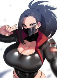 1girls ai_generated alternate_costume big_breasts black_hair boku_no_hero_academia cleavage female huge_breasts large_breasts leotard mask momo_yaoyorozu mullon my_hero_academia novelai ponytail solo superheroine top_heavy